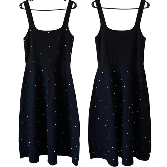 NEW FREE ASSEMBLY Beaded Knit Midi Dress Black Large Square Neckline Stretch - Picture 1 of 5